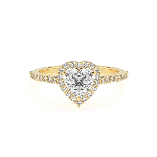 lab grown moissanite heart solitaire rings in yellow gold 