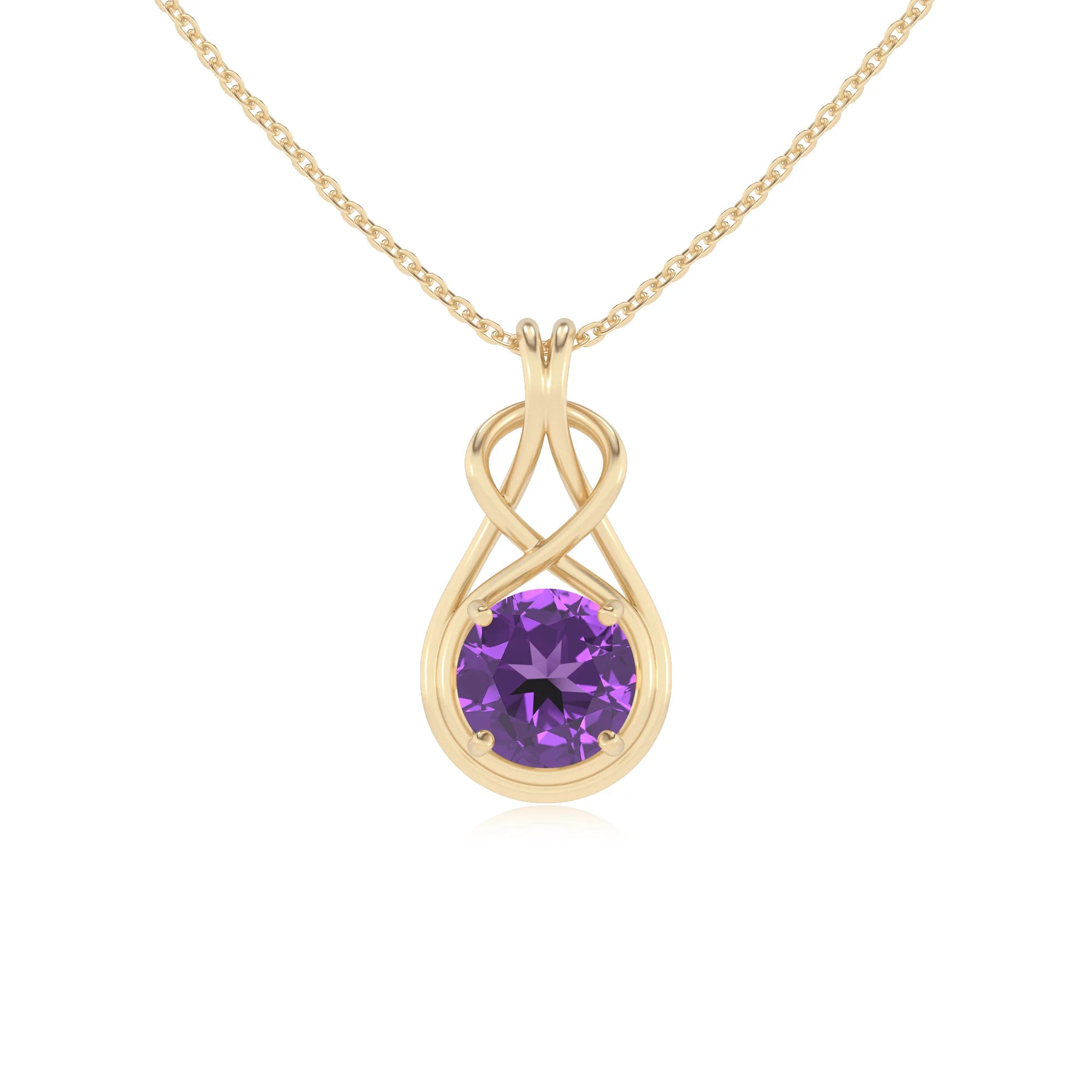 lab grown amethyst round solitaire necklaces in yellow gold 