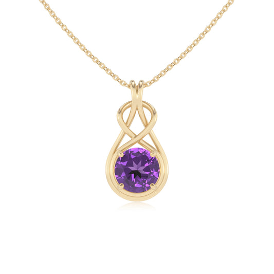 lab grown amethyst round solitaire necklaces in yellow gold 