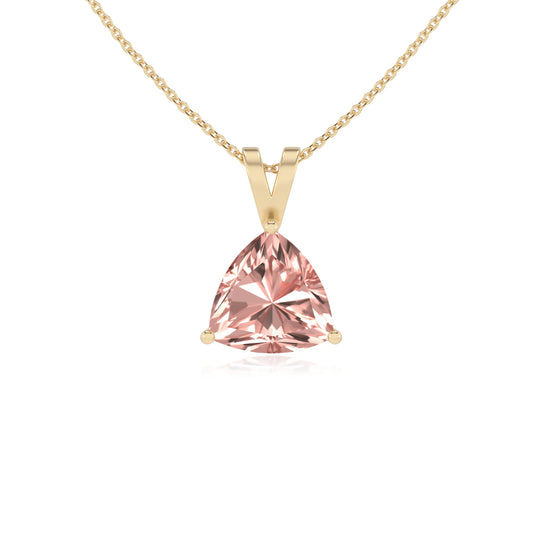 lab grown morganite trillion solitaire v-bale necklaces in yellow gold 