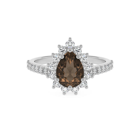 natural smoky-quartz pear solitaire rings in white gold 