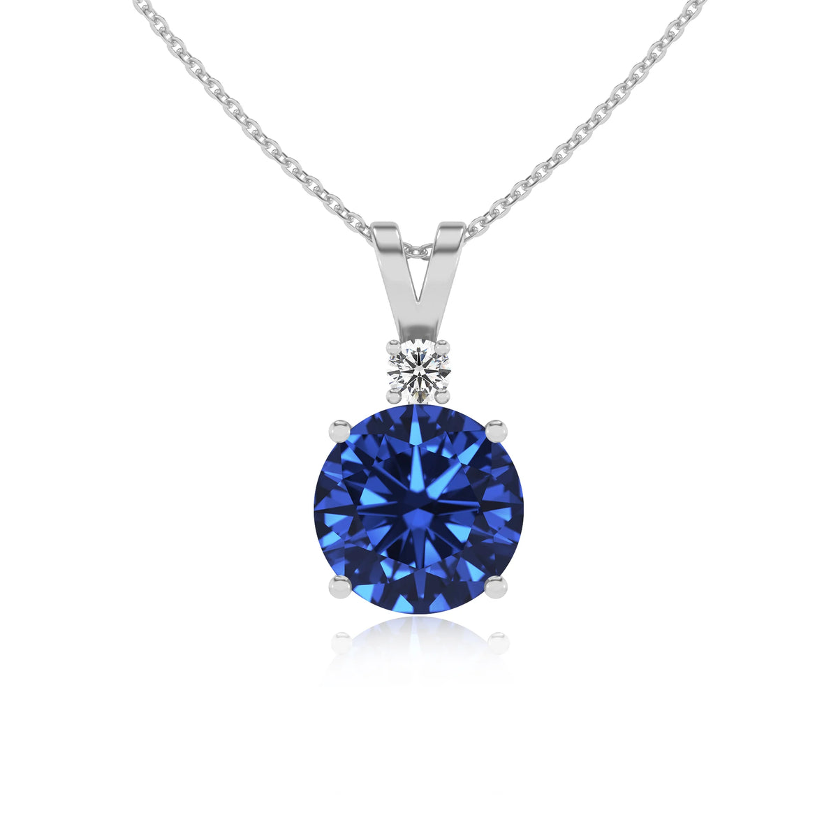lab grown blue-sapphire round solitaire v-bale necklaces in white gold 