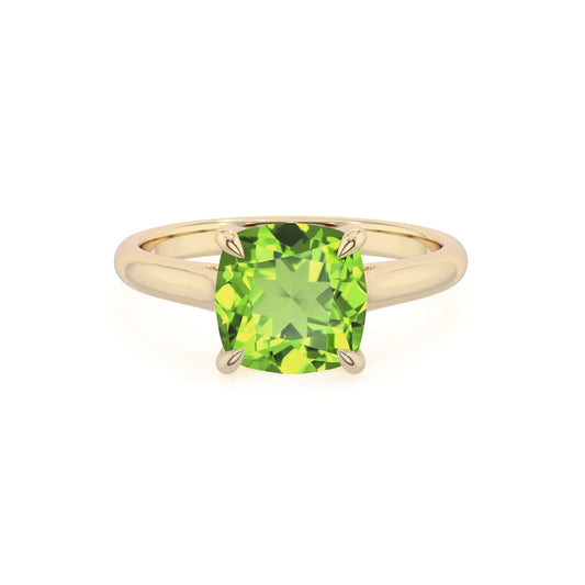 natural peridot cushion solitaire rings in yellow gold 