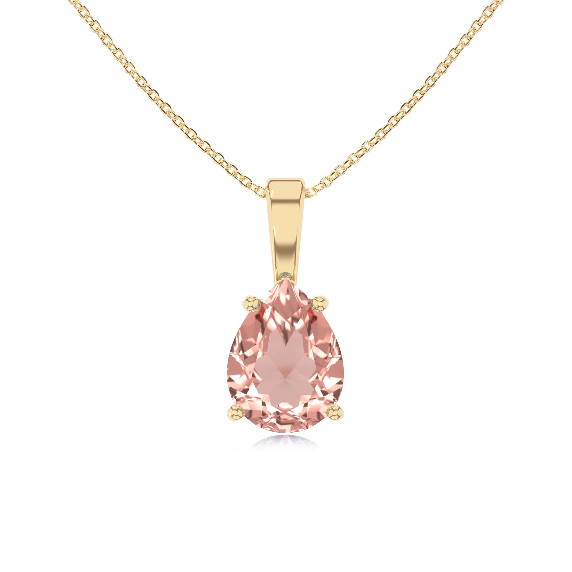 lab grown morganite pear solitaire necklaces in yellow gold 