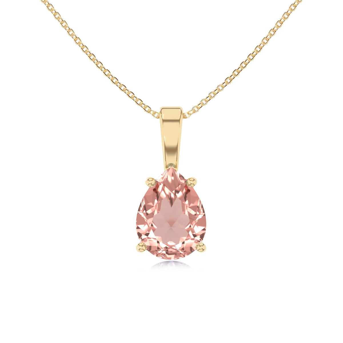 lab grown morganite pear solitaire necklaces in yellow gold 