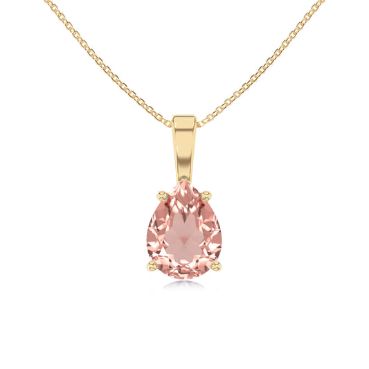 lab grown morganite pear solitaire necklaces in yellow gold 