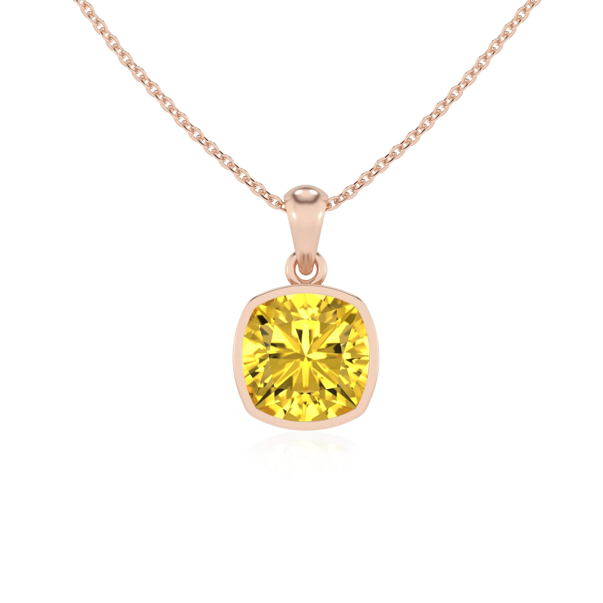 lab grown yellow-sapphire cushion solitaire necklaces in rose gold 