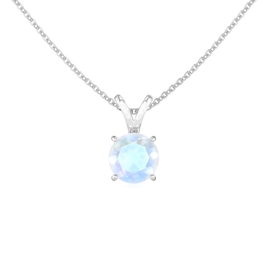 natural rainbow-moonstone round solitaire v-bale necklaces in platinum 