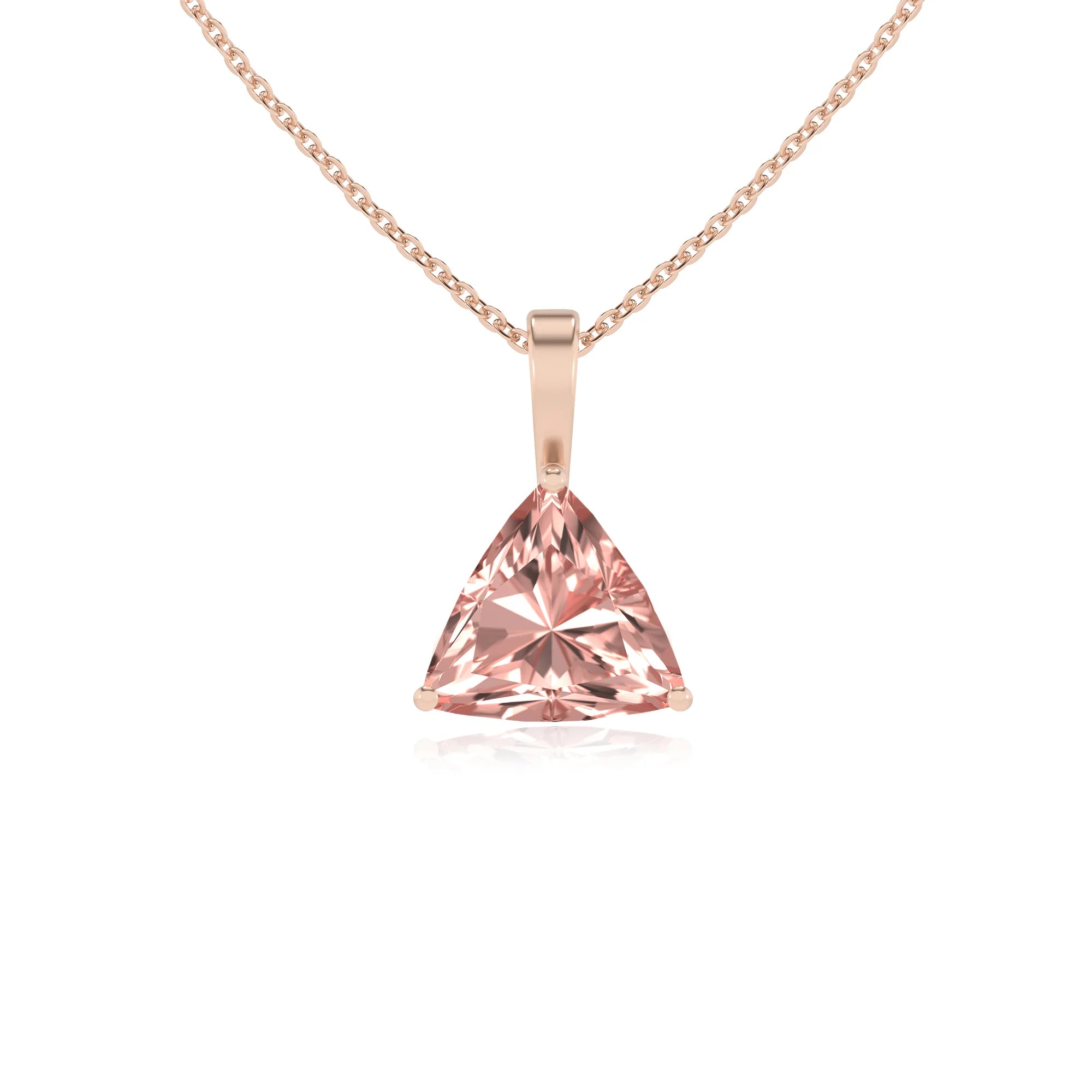 lab grown morganite trillion solitaire necklaces in rose gold 