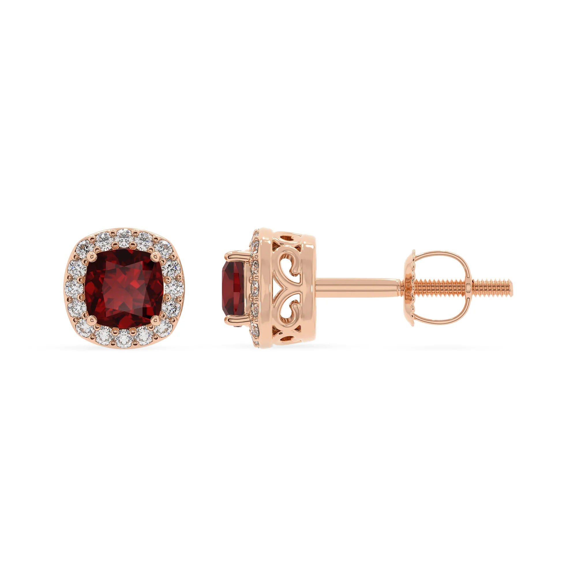 natural garnet cushion stud earrings in rose gold 