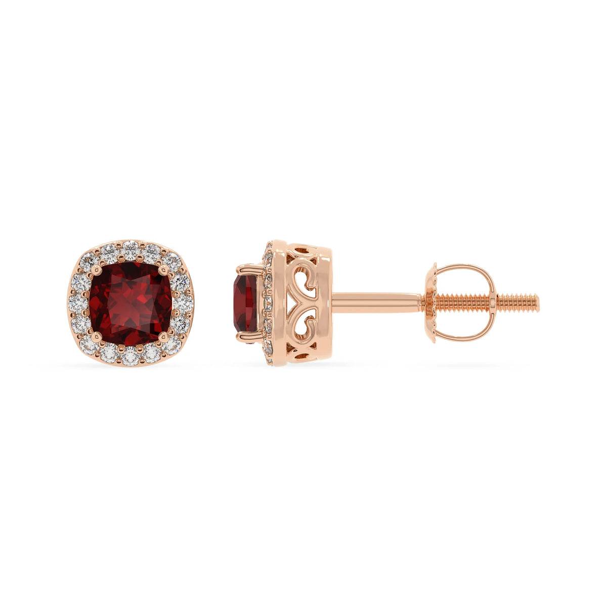 natural garnet cushion stud earrings in rose gold 