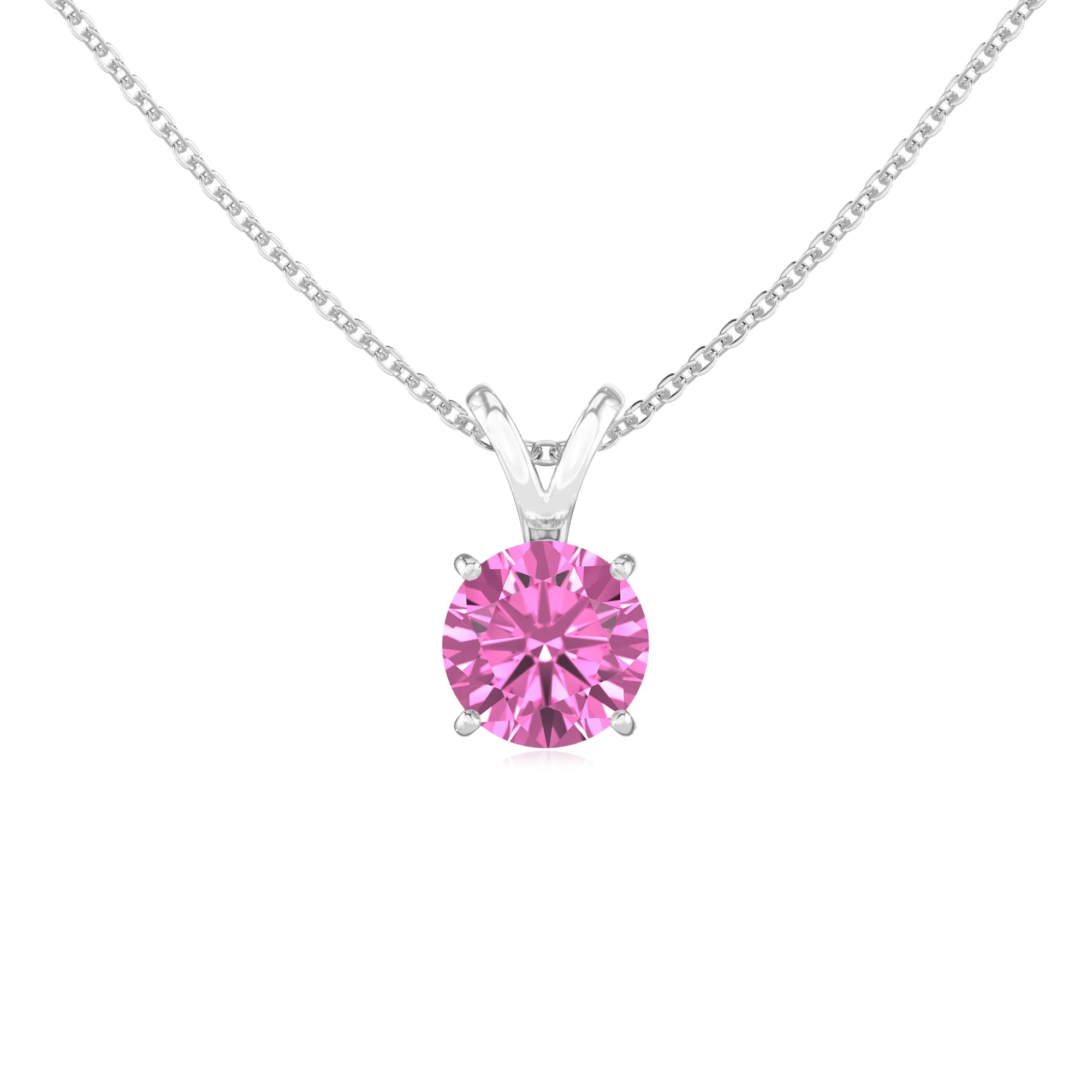 lab grown pink-sapphire round solitaire v-bale necklaces in sterling silver 