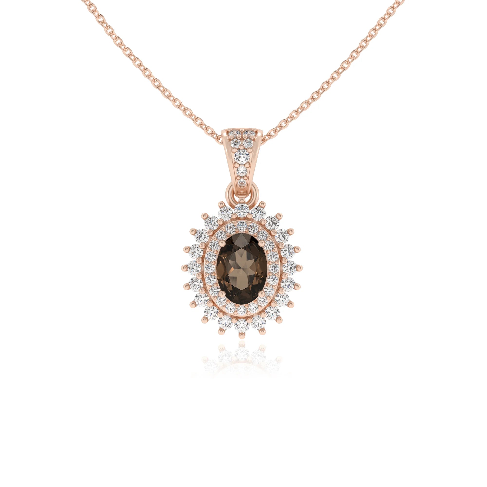 natural smoky-quartz oval halo necklaces in rose gold 