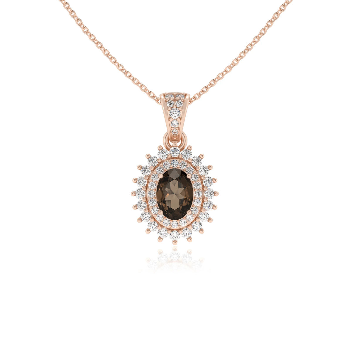 natural smoky-quartz oval halo necklaces in rose gold 