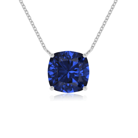 Lab Grown Blue Sapphire Cushion Solitaire Pendant Necklace with 18" Chain