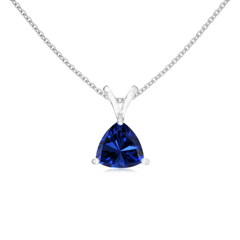Lab Grown Blue Sapphire Trillion Solitaire V-Bale Pendant Necklace with 18" Chain