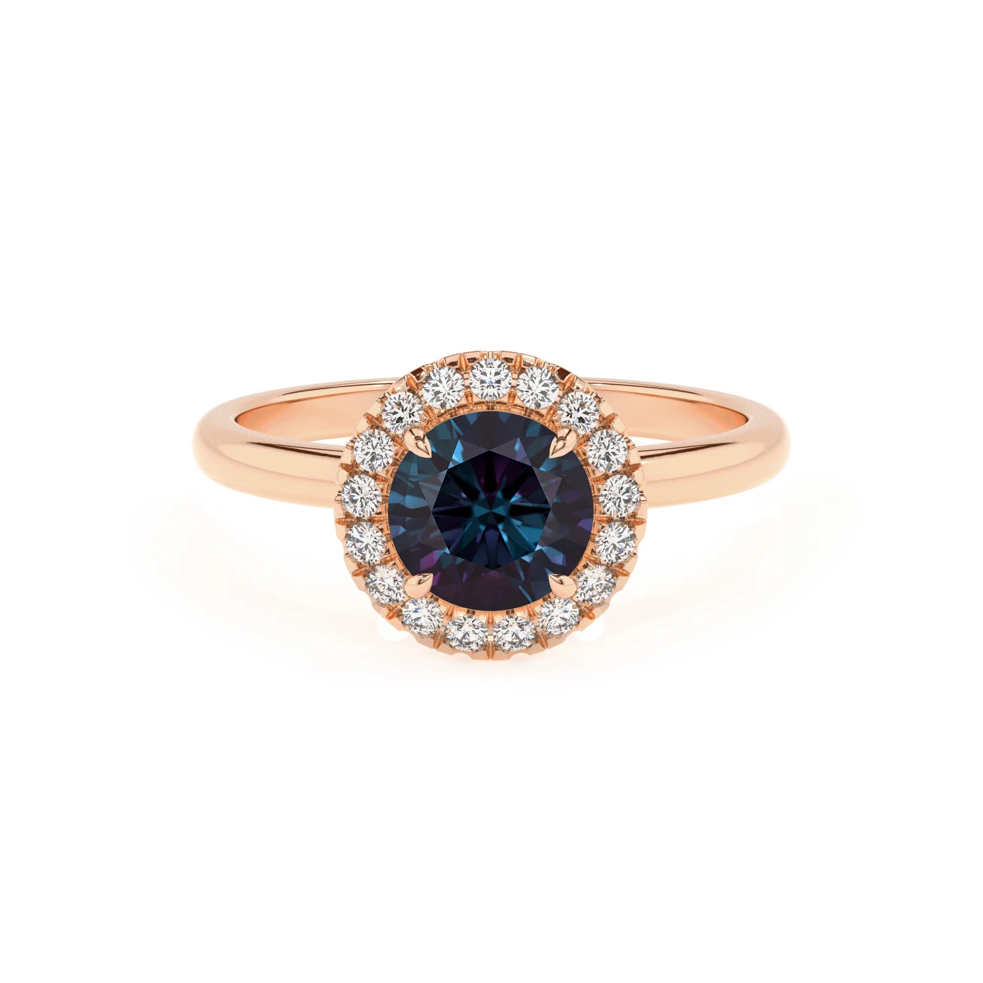 lab grown alexandrite round solitaire rings in rose gold 