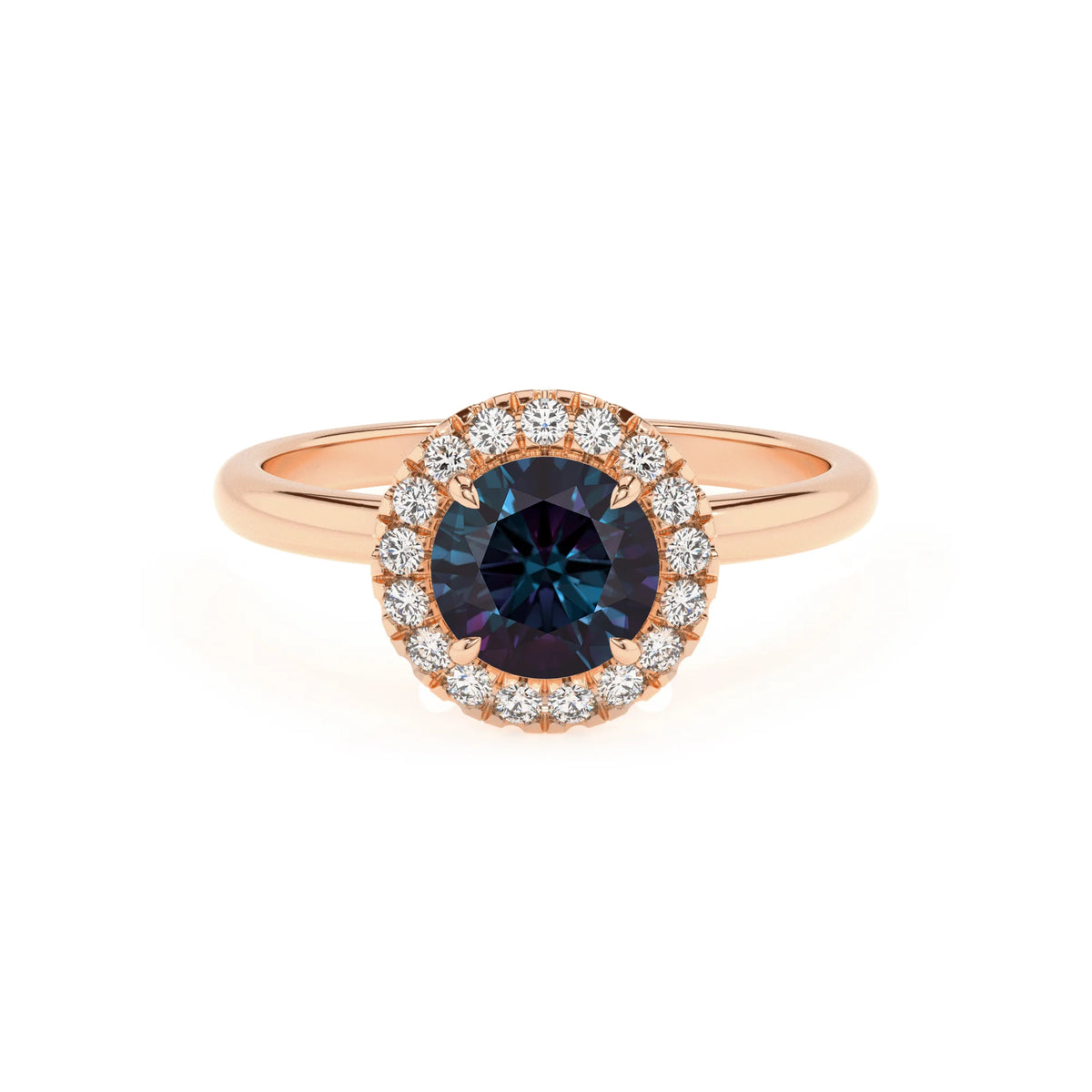lab grown alexandrite round solitaire rings in rose gold 