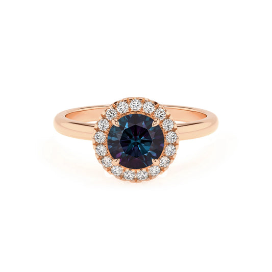 lab grown alexandrite round solitaire rings in rose gold 