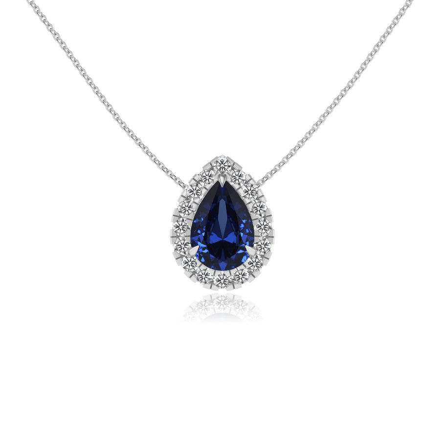 lab grown blue sapphire pear solitaire necklaces in white gold 