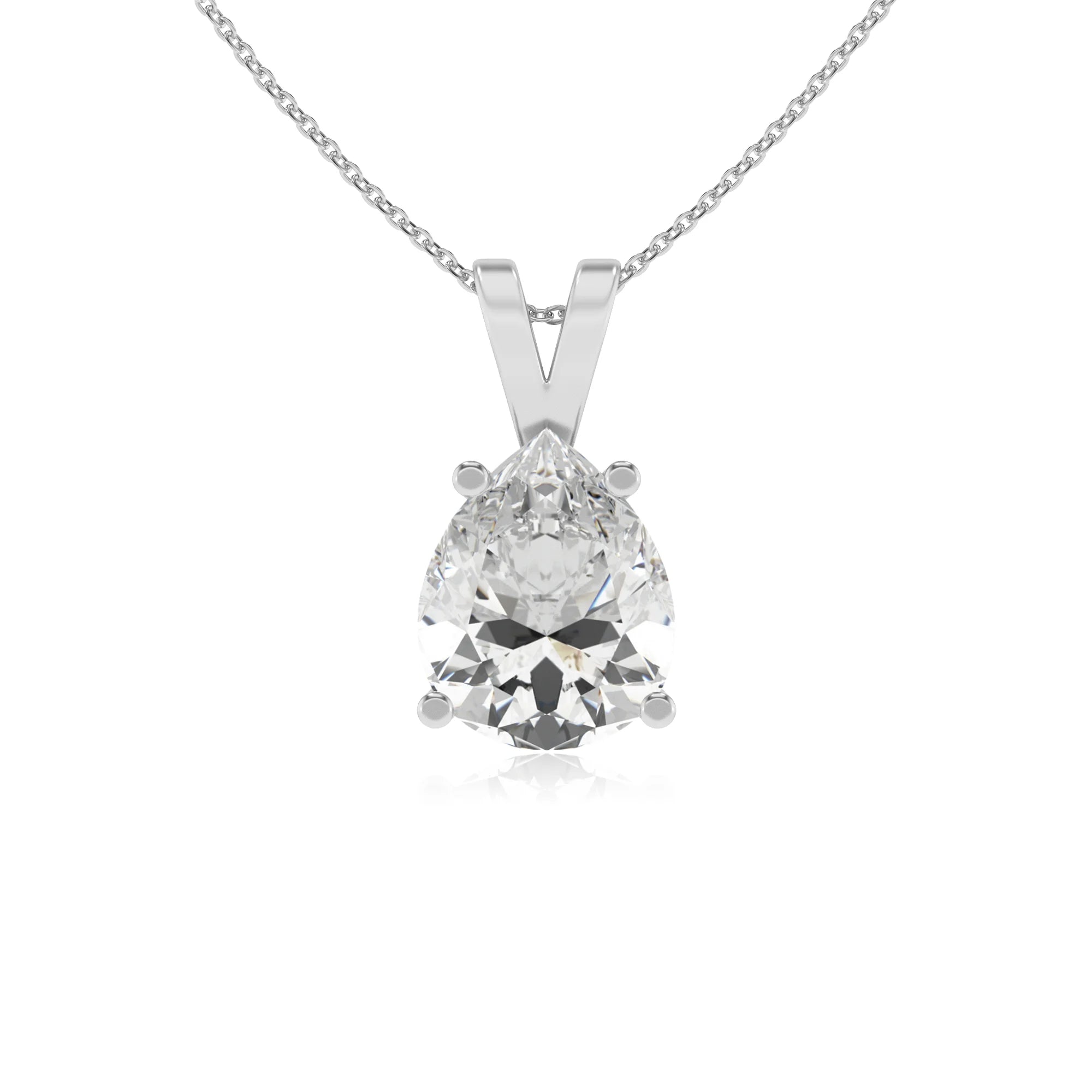 lab grown moissanite pear solitaire v-bale necklaces in platinum 