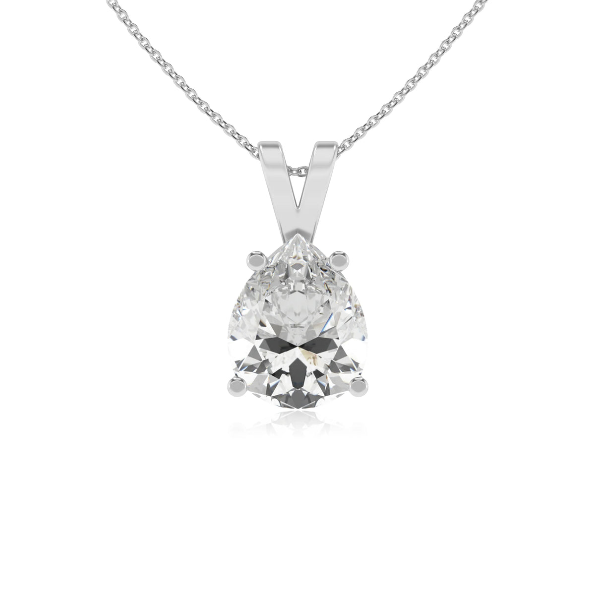 lab grown moissanite pear solitaire v-bale necklaces in platinum 