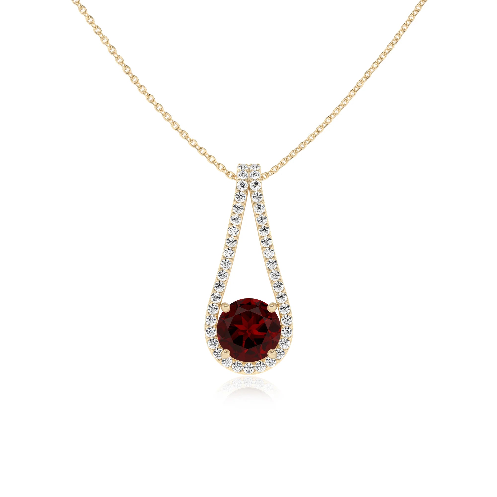 natural garnet round solitaire v-bale necklaces in yellow gold 