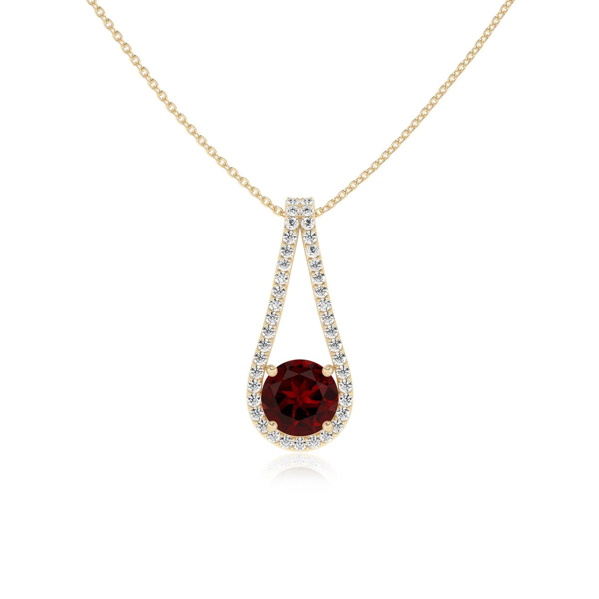 natural garnet round solitaire v-bale necklaces in yellow gold 