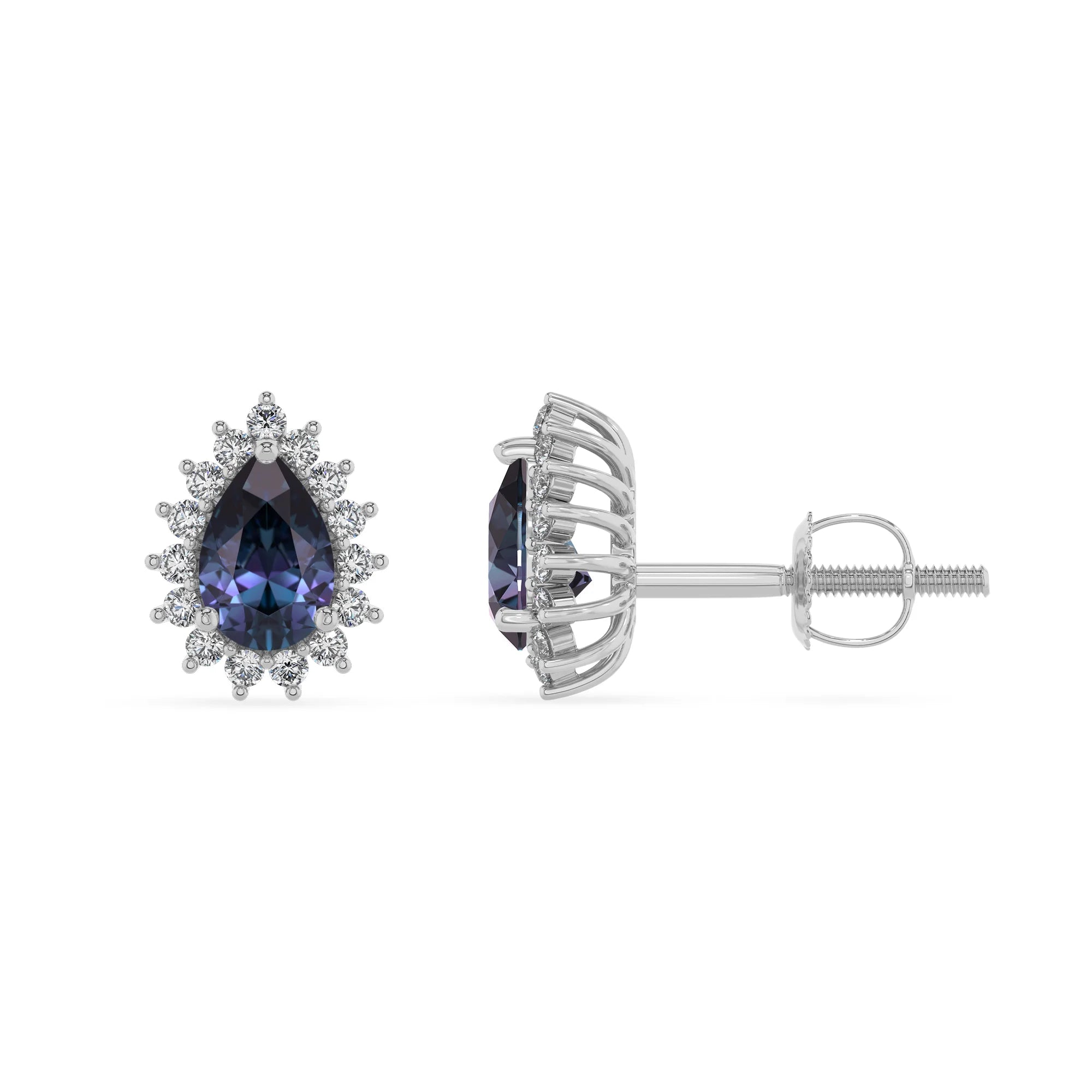 lab grown alexandrite pear stud earrings in sterling silver 