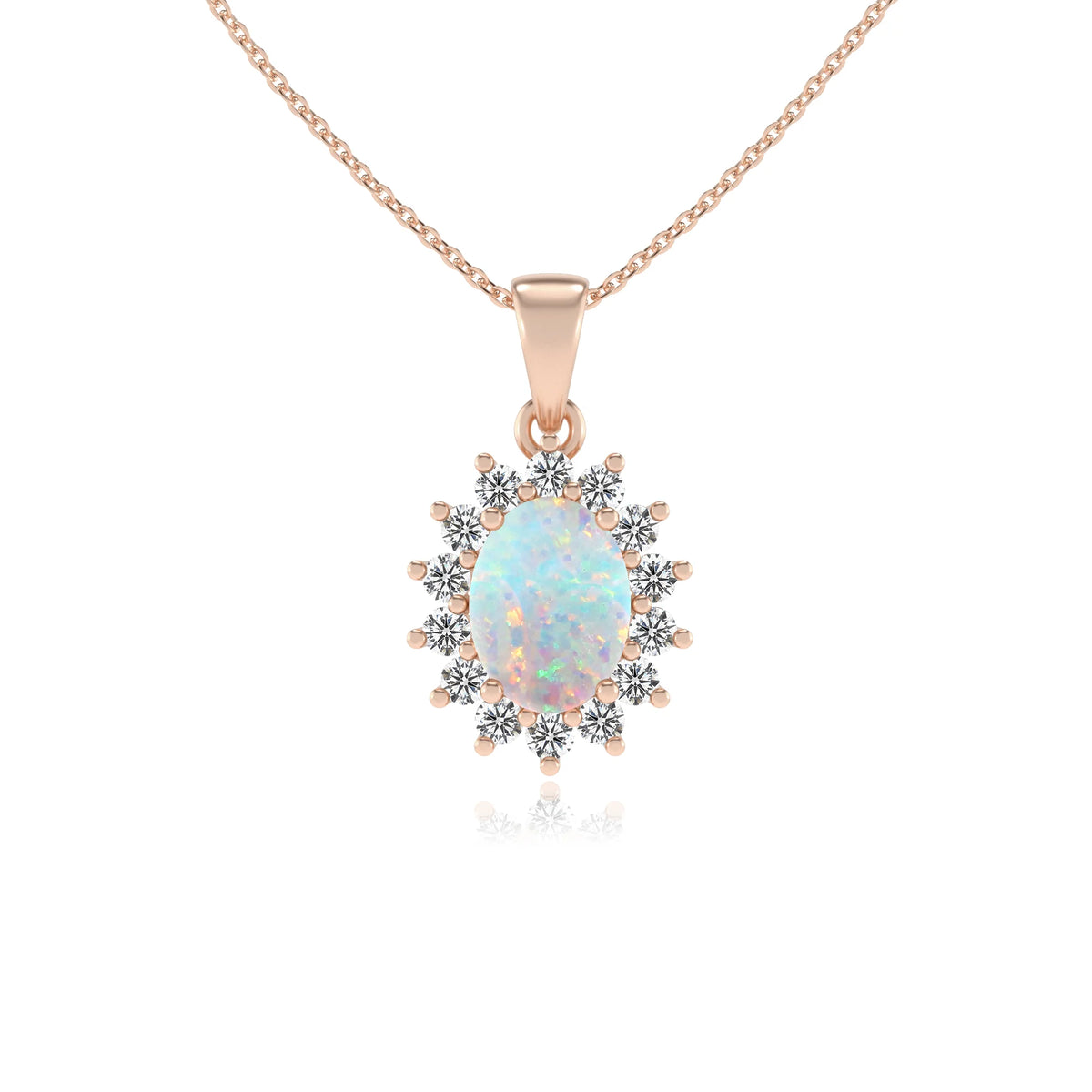 lab grown opal oval halo necklaces in rose gold 