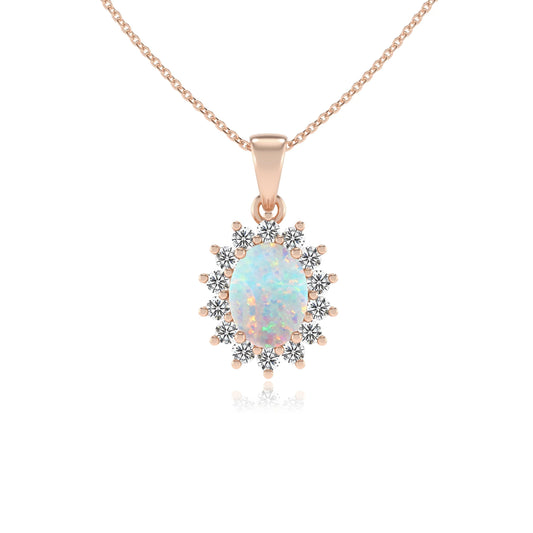 lab grown opal oval halo necklaces in rose gold 