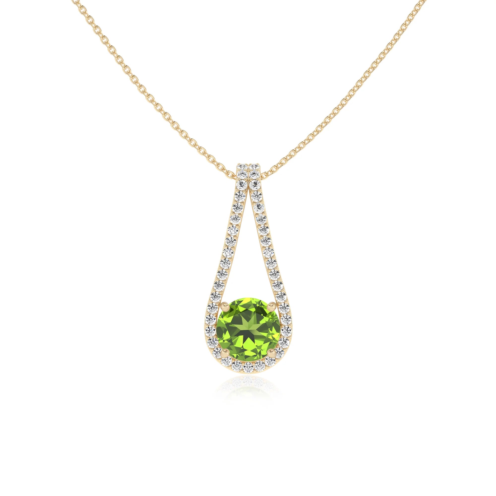 natural peridot round solitaire v-bale necklaces in yellow gold 