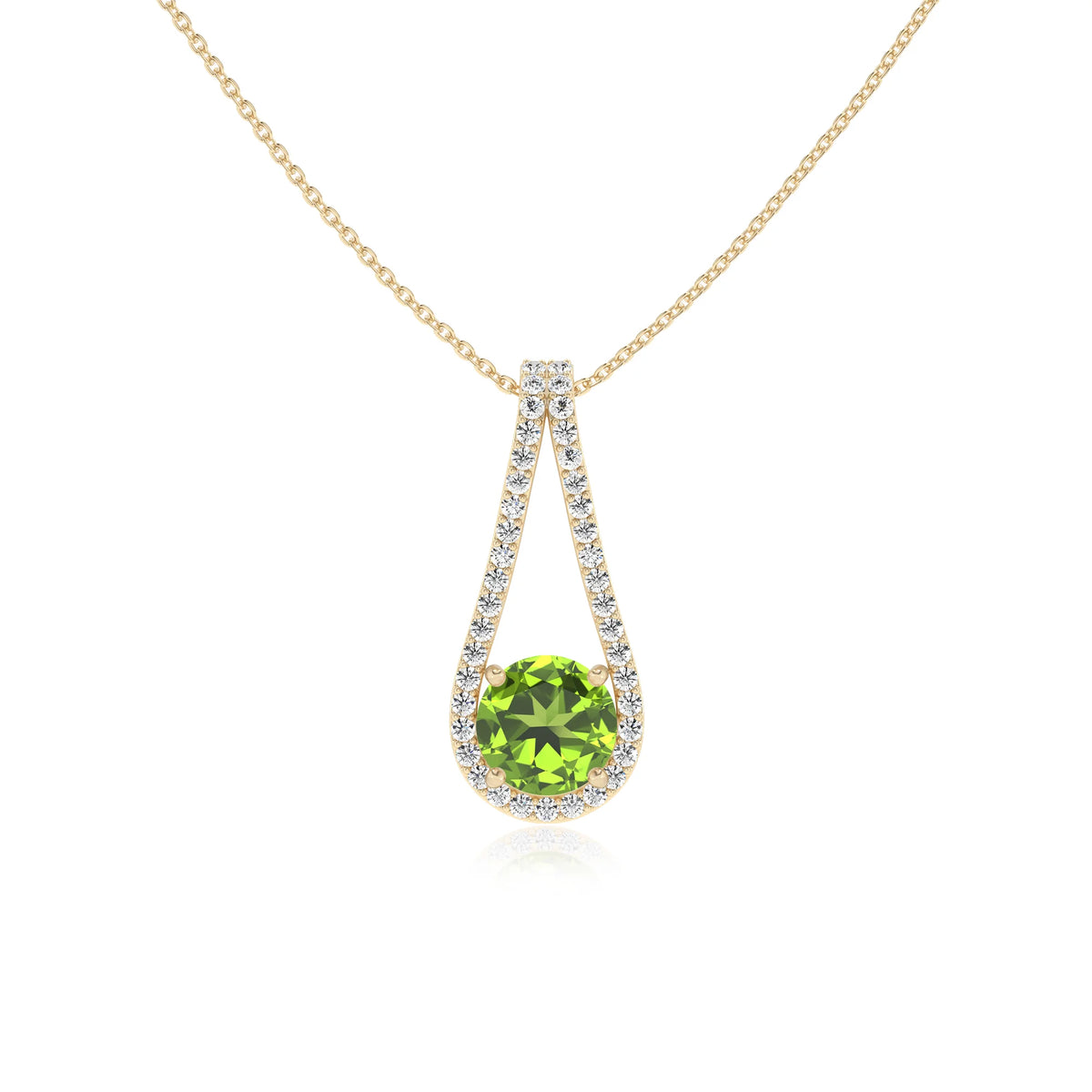 natural peridot round solitaire v-bale necklaces in yellow gold 