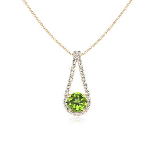 natural peridot round solitaire v-bale necklaces in yellow gold 