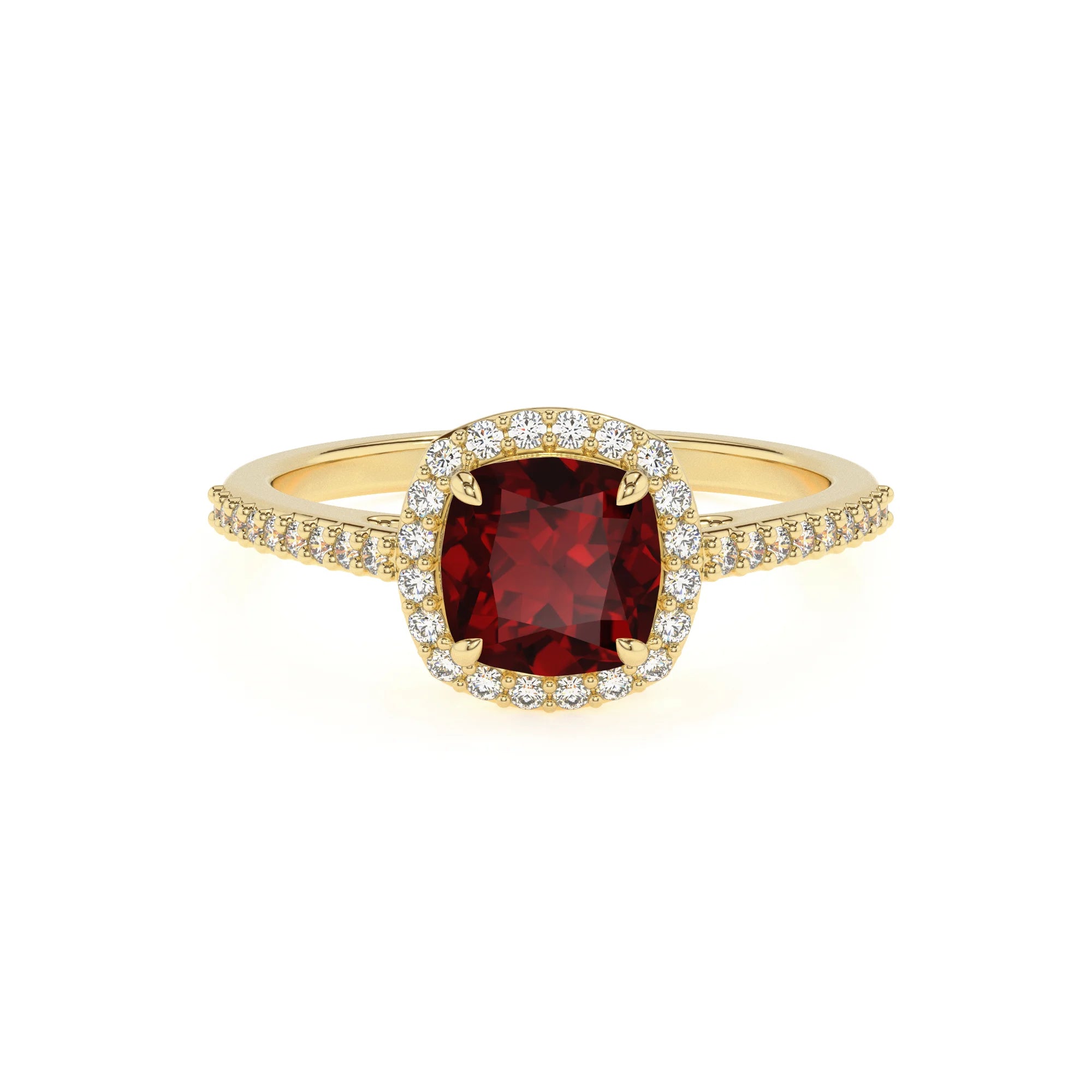 natural garnet cushion solitaire rings in yellow gold 