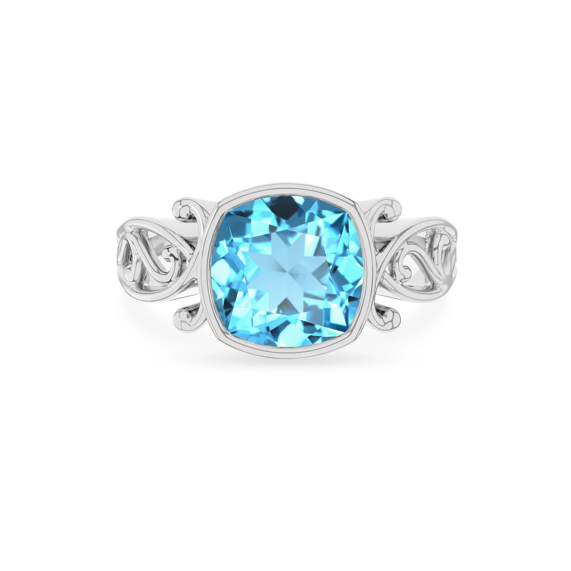 natural swiss-blue-topaz cushion solitaire rings in platinum 