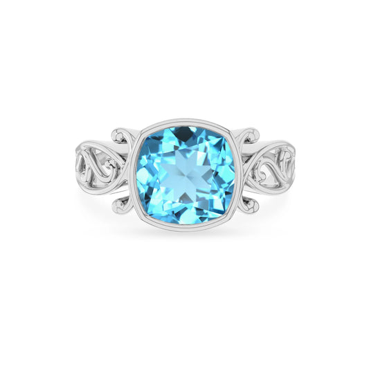 natural swiss-blue-topaz cushion solitaire rings in platinum 