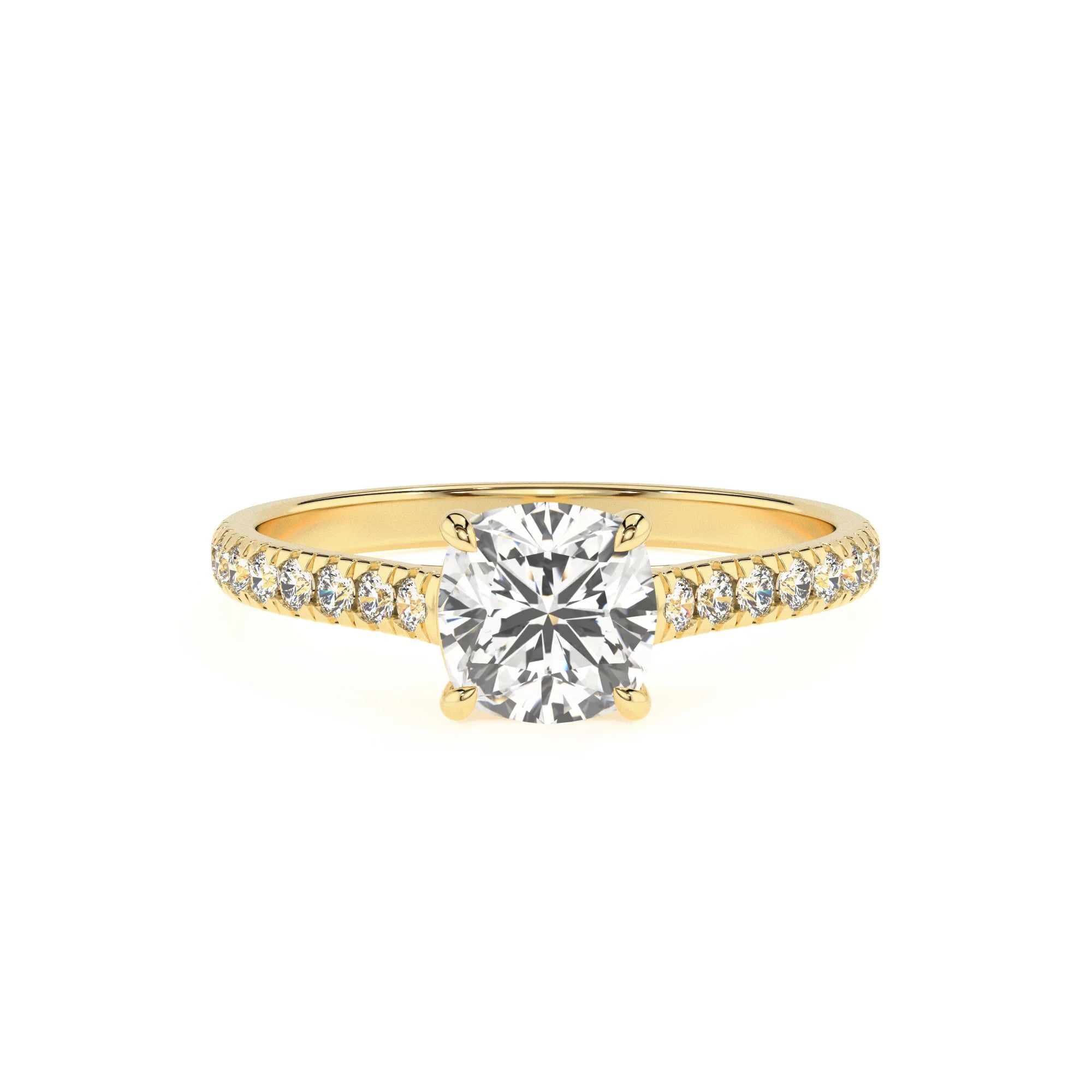 lab grown moissanite cushion half eternity solitaire engagement rings in yellow gold 