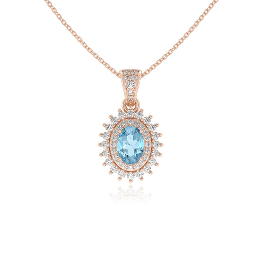 lab grown aquamarine oval halo necklaces in rose gold 
