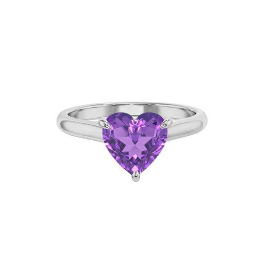 lab grown amethyst heart solitaire rings in sterling silver 