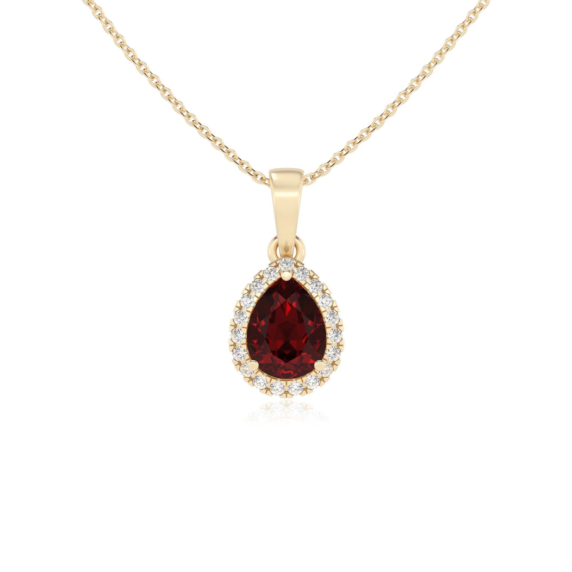 natural garnet pear solitaire necklaces in yellow gold 
