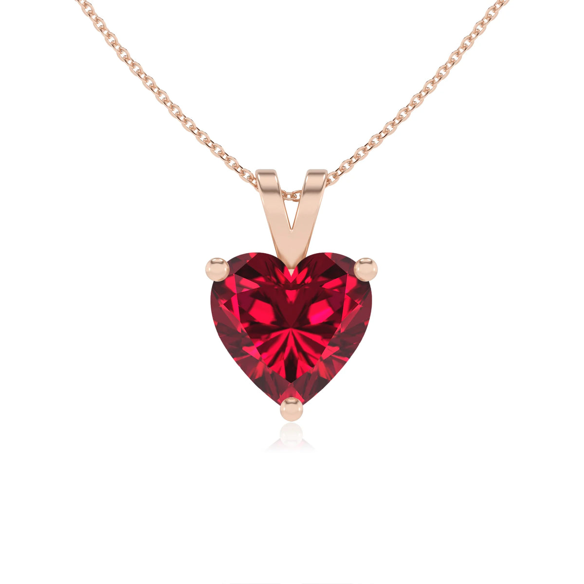 lab grown ruby heart solitaire v-bale necklaces in rose gold 
