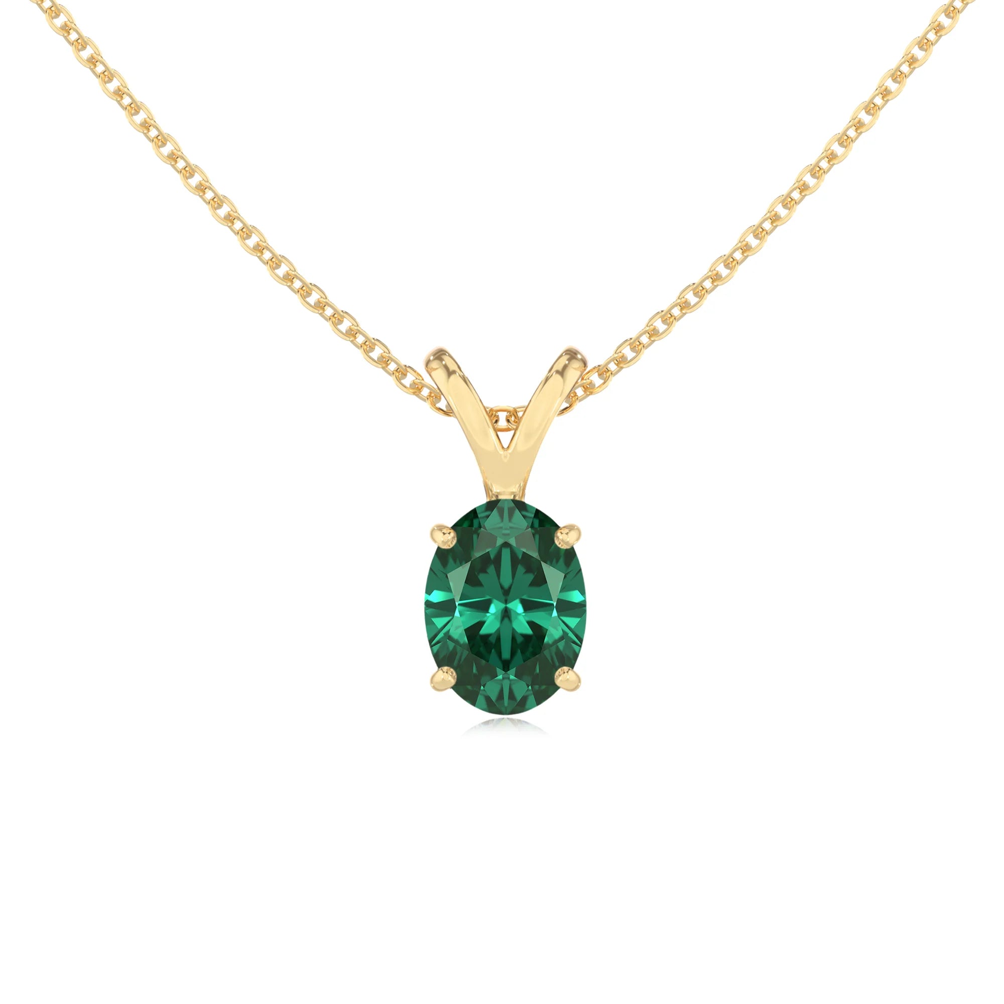 lab grown emerald oval solitaire v-bale necklaces in yellow gold 
