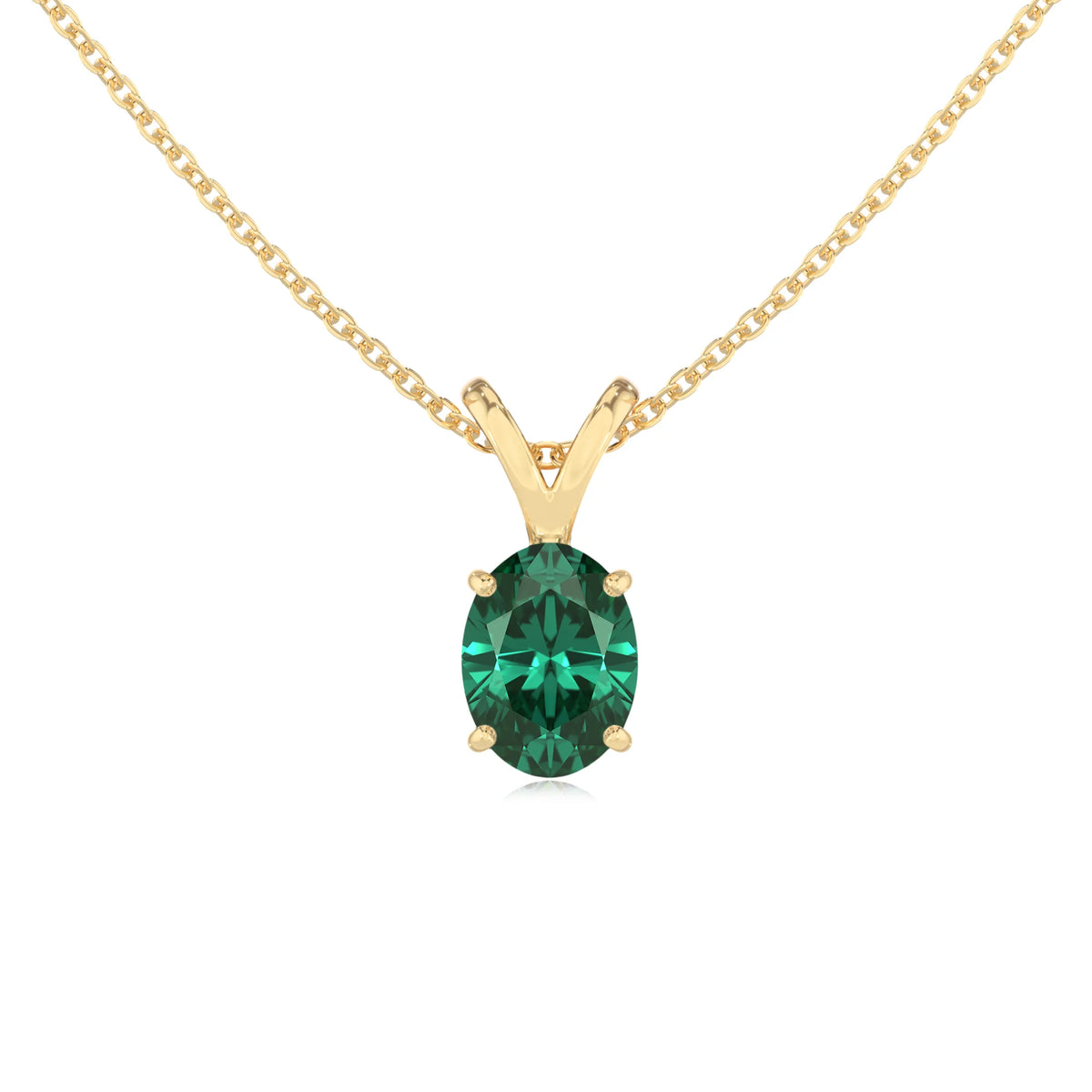 lab grown emerald oval solitaire v-bale necklaces in yellow gold 