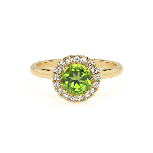natural peridot round solitaire rings in yellow gold 