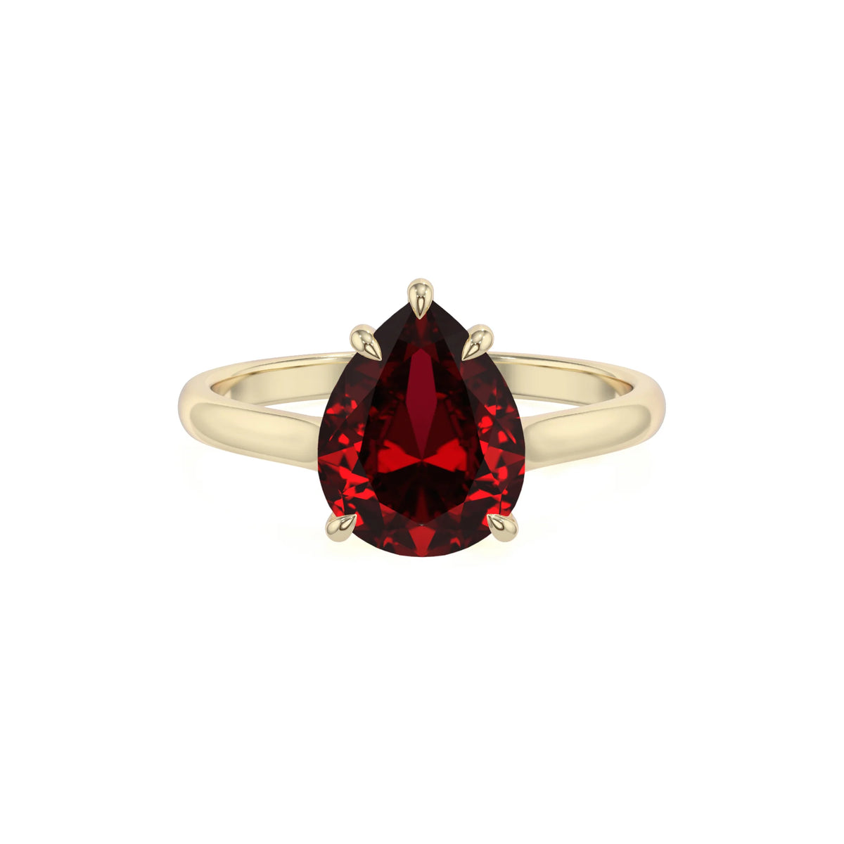 lab grown ruby pear solitaire rings in yellow gold 
