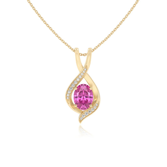 lab grown pink-sapphire oval solitaire necklaces in yellow gold 
