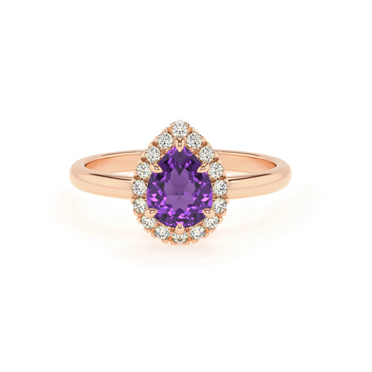 lab grown amethyst pear solitaire rings in rose gold 