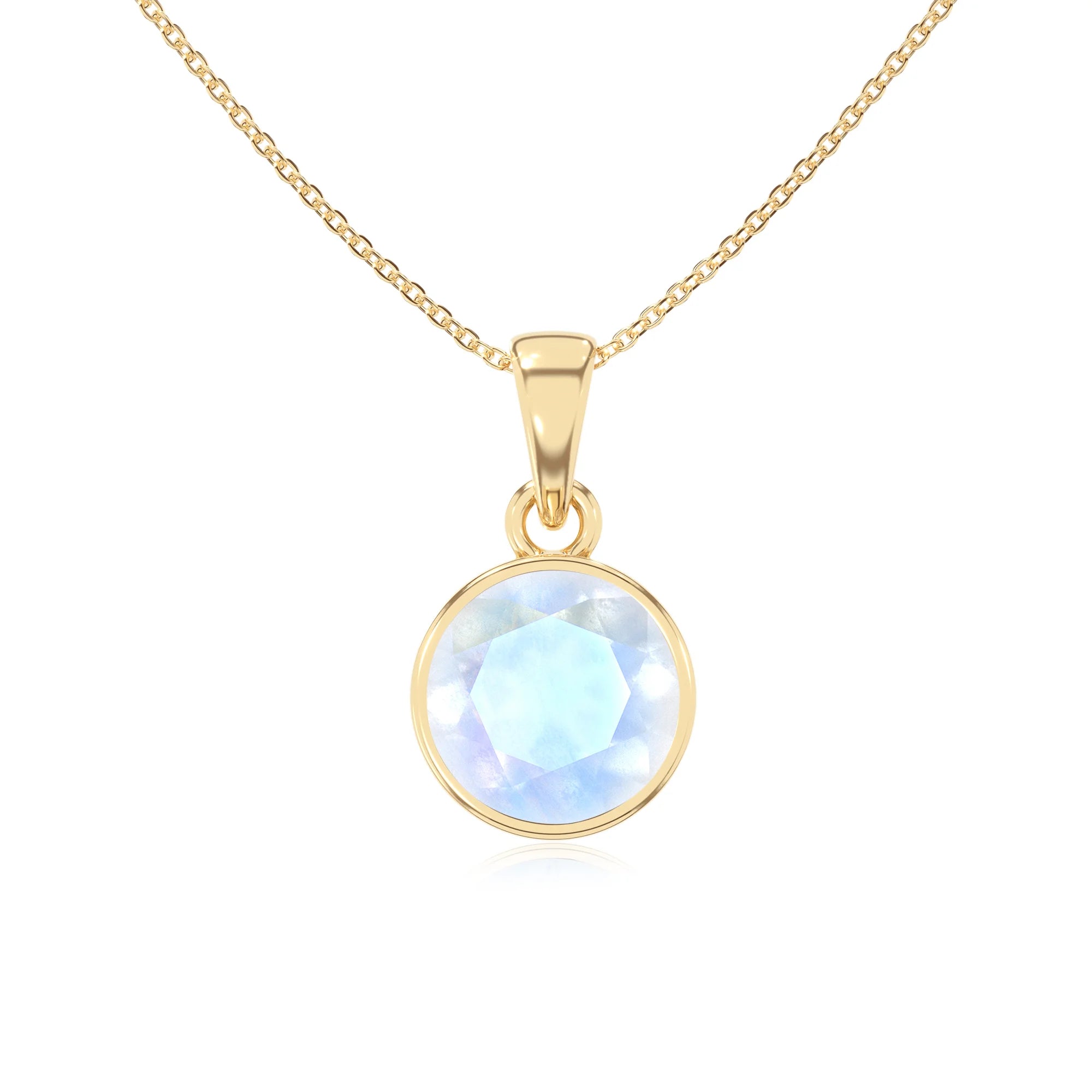 natural rainbow-moonstone round solitaire necklaces in yellow gold 