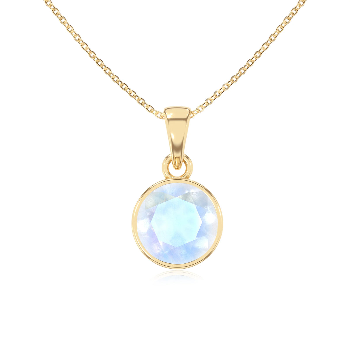 natural rainbow-moonstone round solitaire necklaces in yellow gold 
